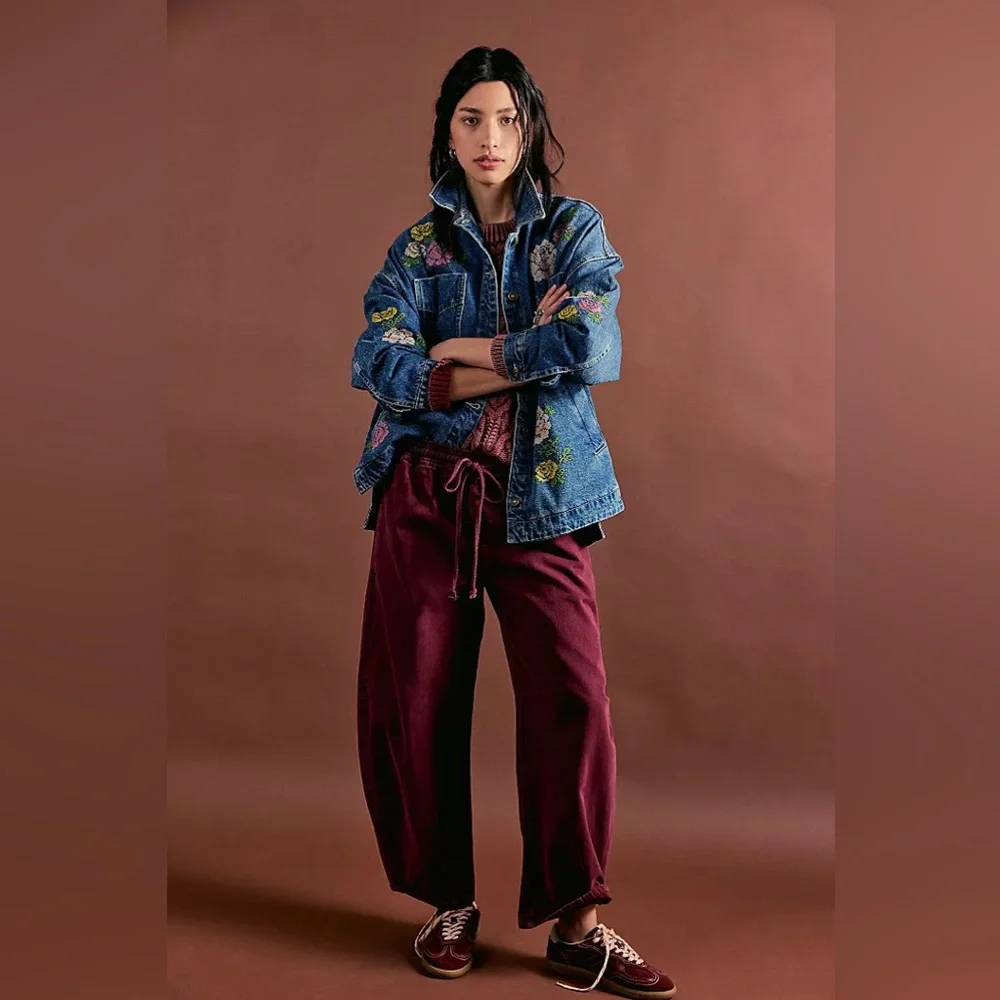 New Free People We The Free Madison City Embroidered Denim Jacket Chore Coat XS - Picture 3 of 11